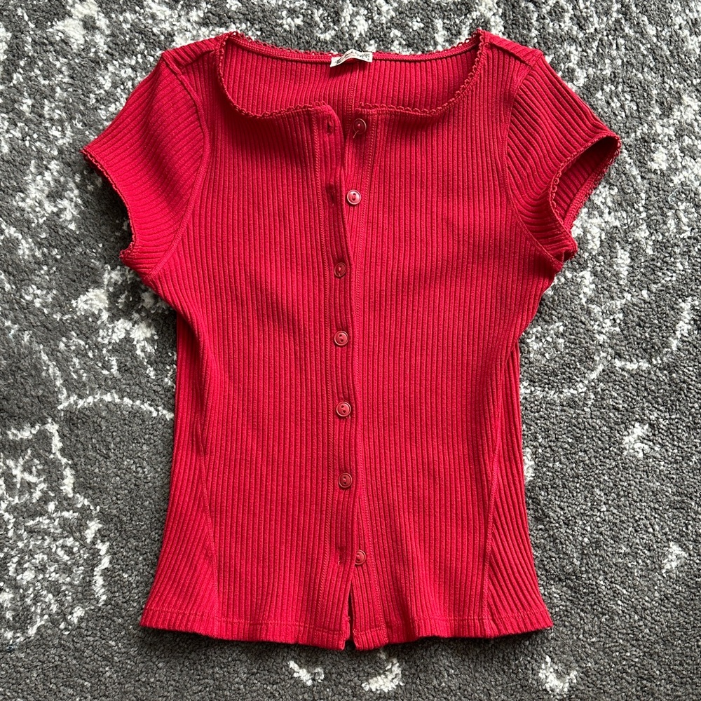 Free People Red Ribbed Button-Up Women's Top